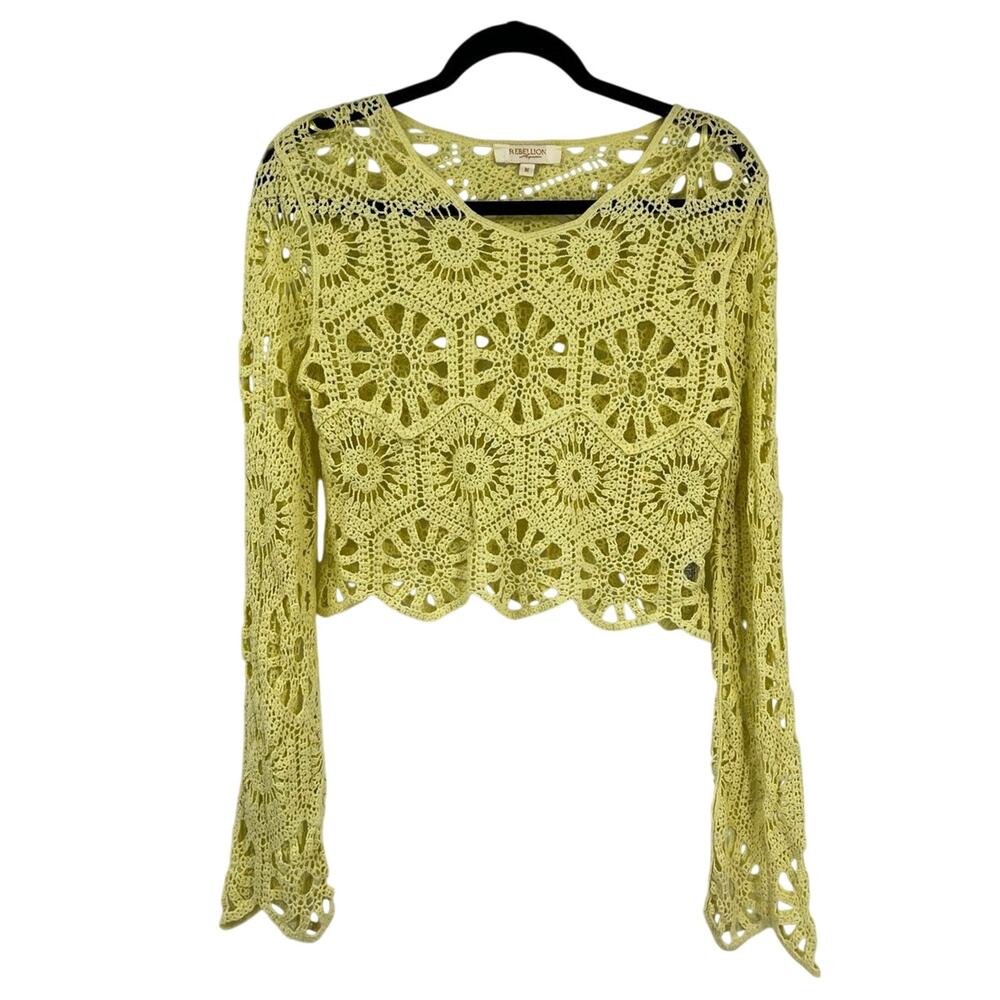 Rebellion Again Green Crochet Flare Sleeve Crop Top Boho Y2K Festival Women’s M